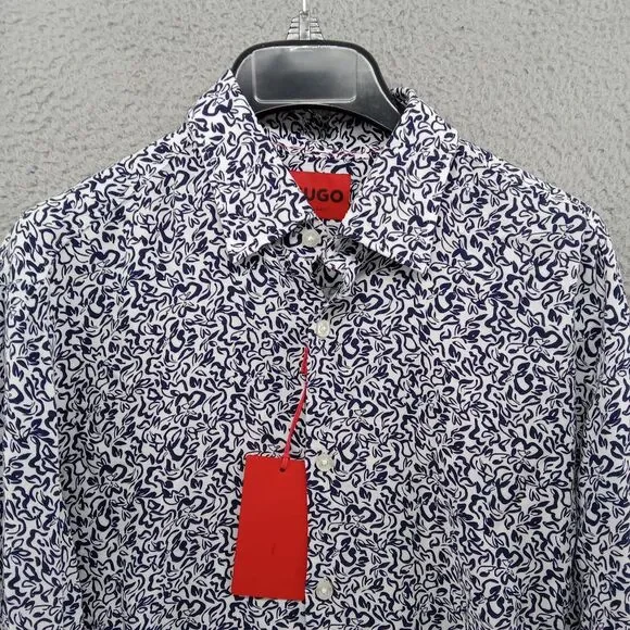 Hugo Boss Shirt Mens Small White Blue Floral Abstract Graphic Print‎ Viscose